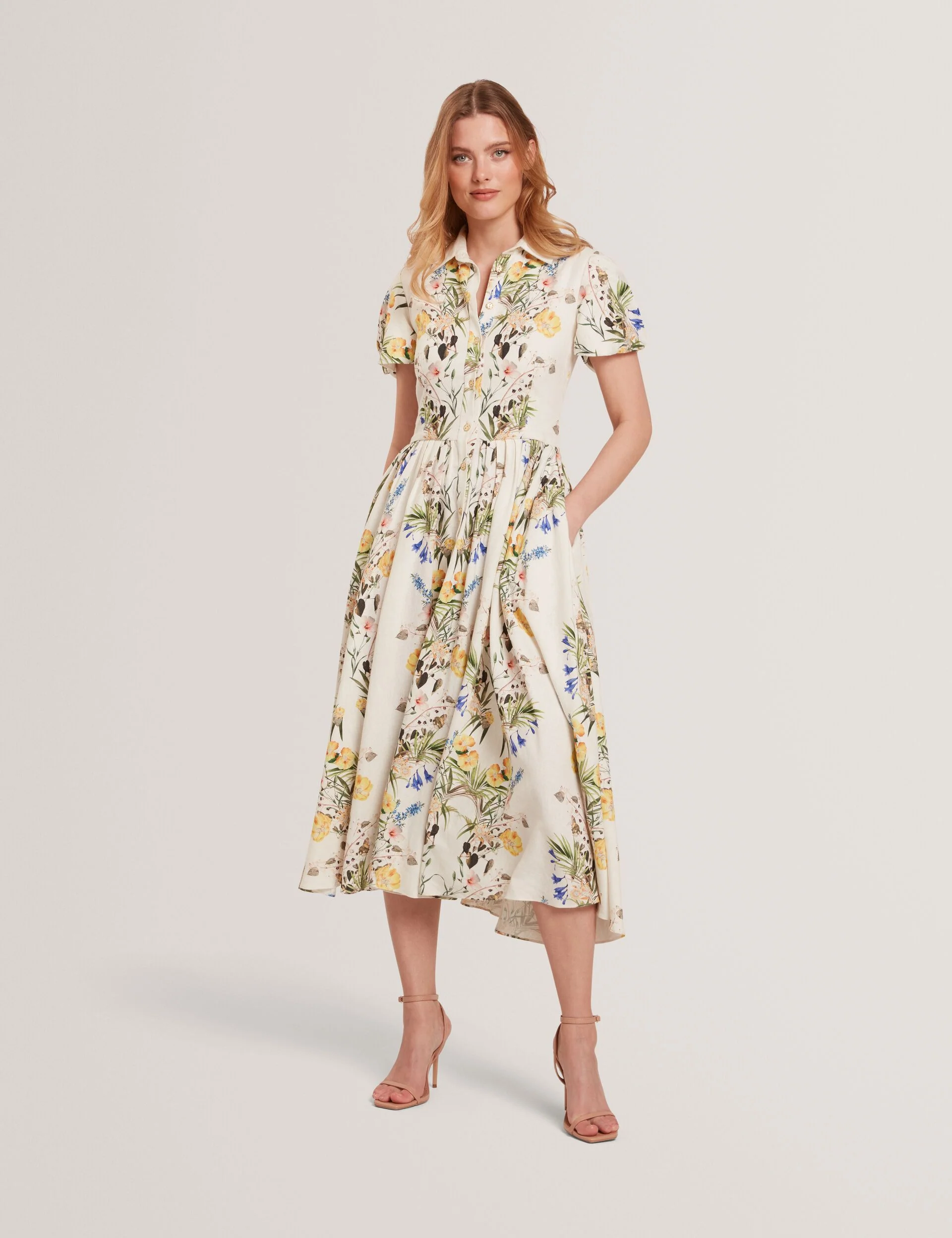BALLOON SLEEVE BUTTON UP SHIRT DRESS | WHITE