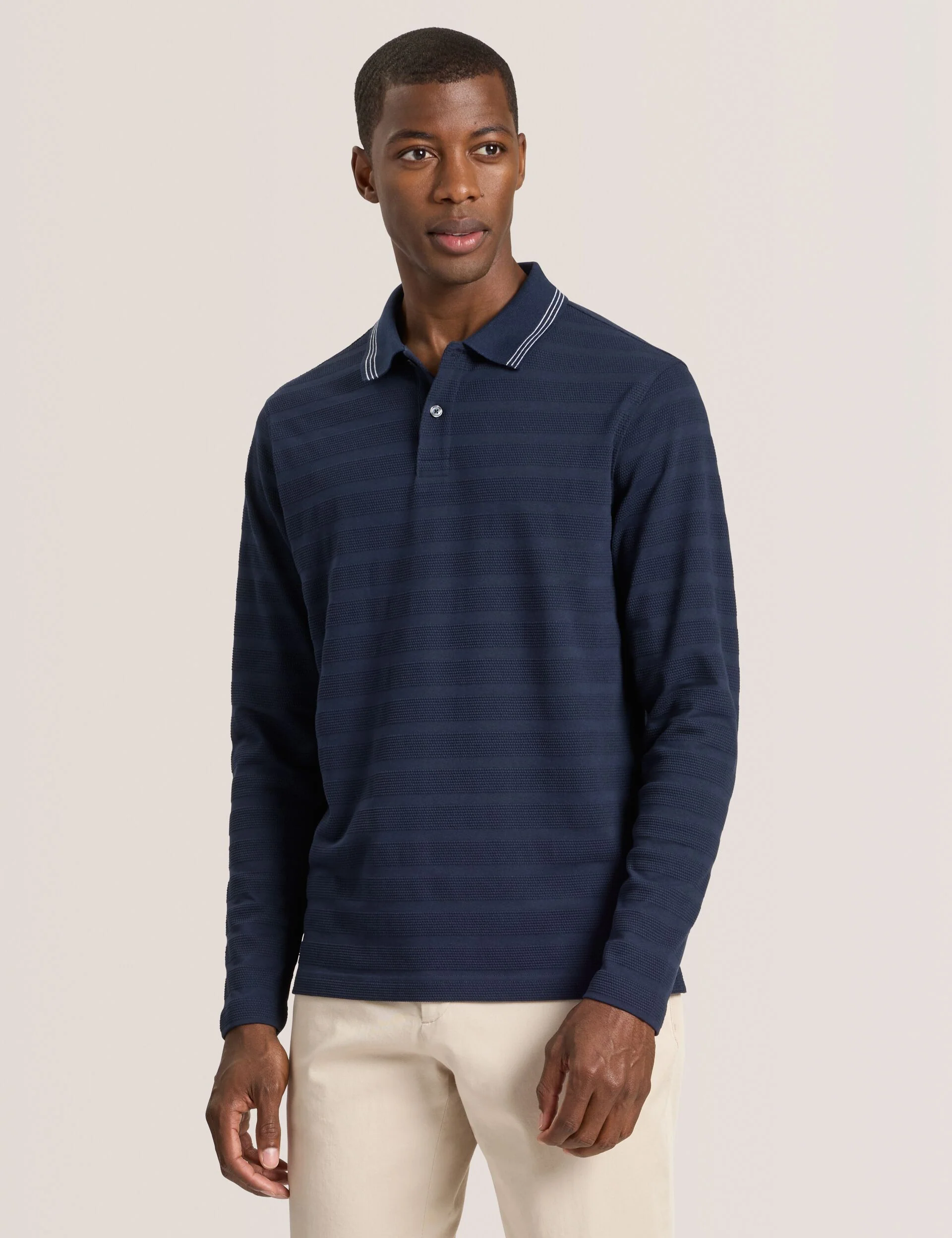 POPCORN STRIPE LONG SLEEVE POLO | NAVY