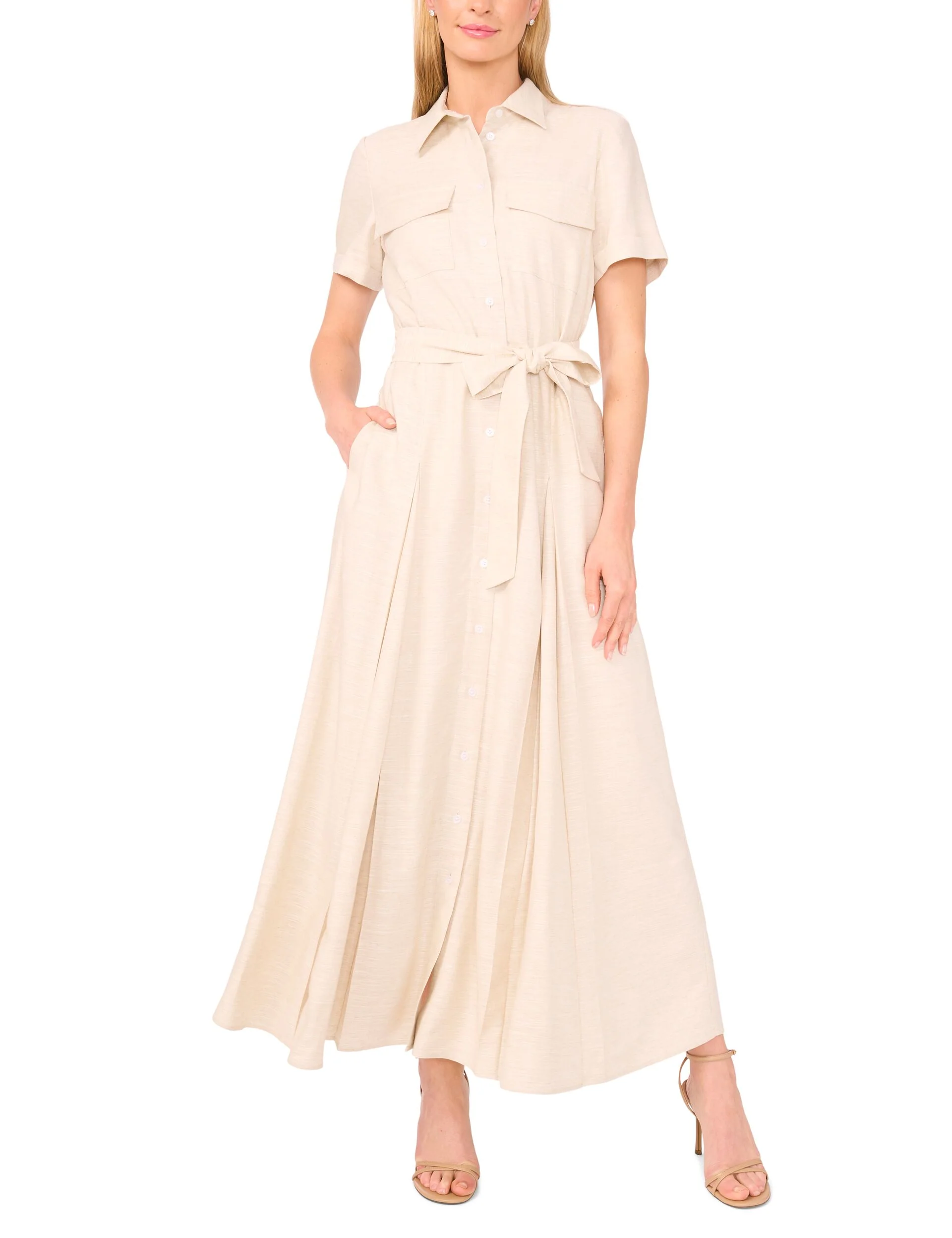 SHIRT DRESS WITH SELF BELT | TAUPE