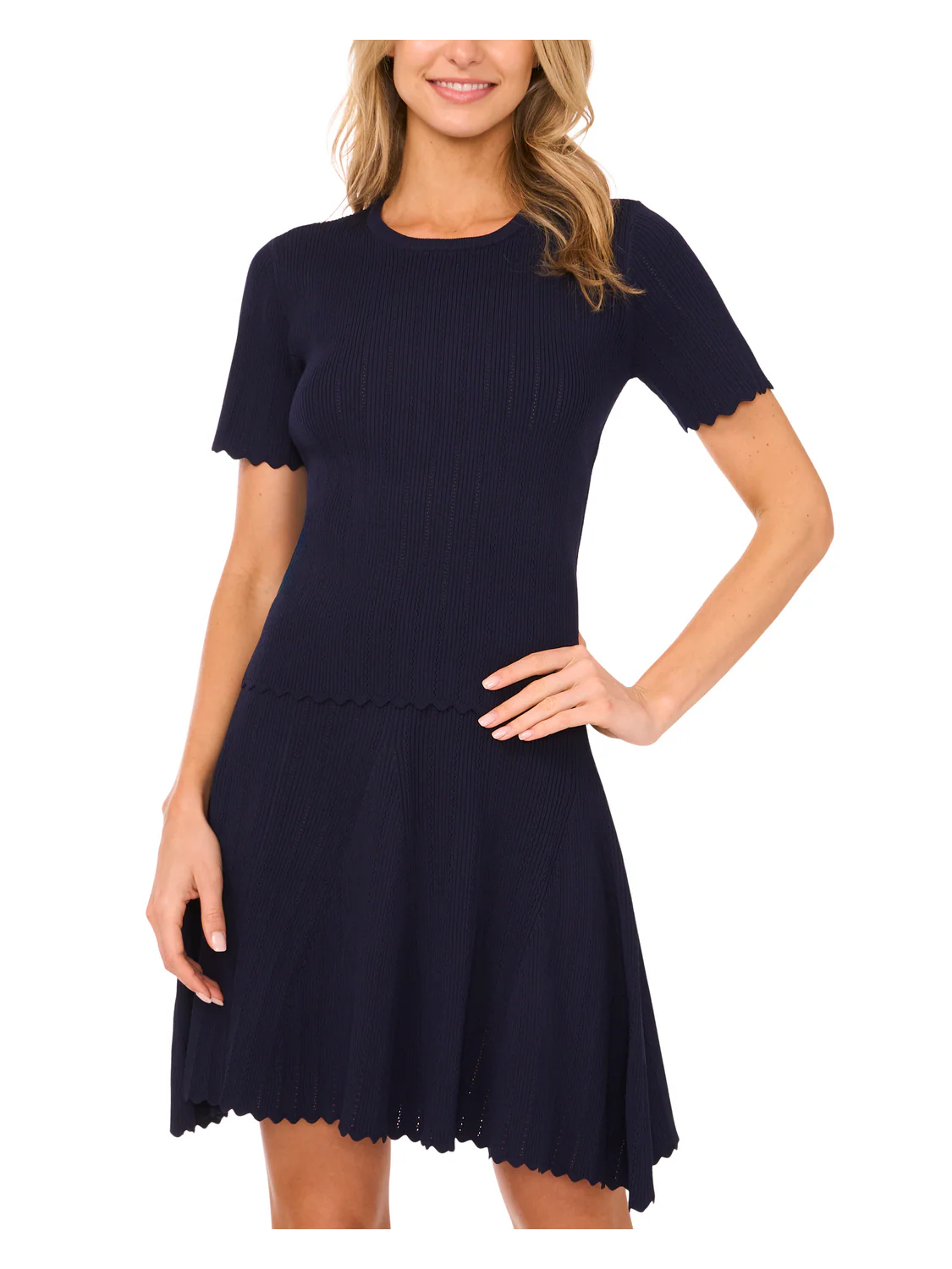 SHORT SLEEVE POINTELLE & RIB TOP | NAVY