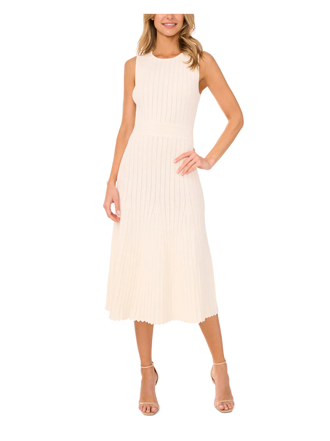 SLEEVELESS POINTELLE & RIB MIDI DRESS | IVORY
