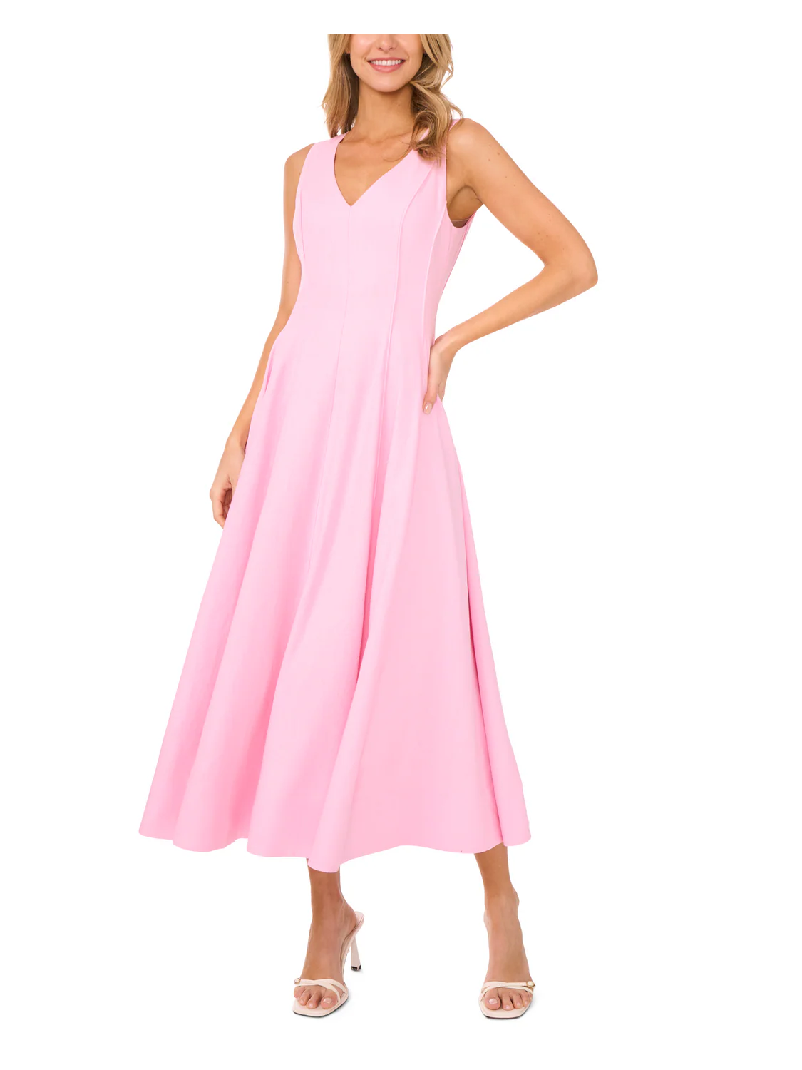 SLEEVELESS V NECK PLEATED MAXI DRESS | LIGHT PINK