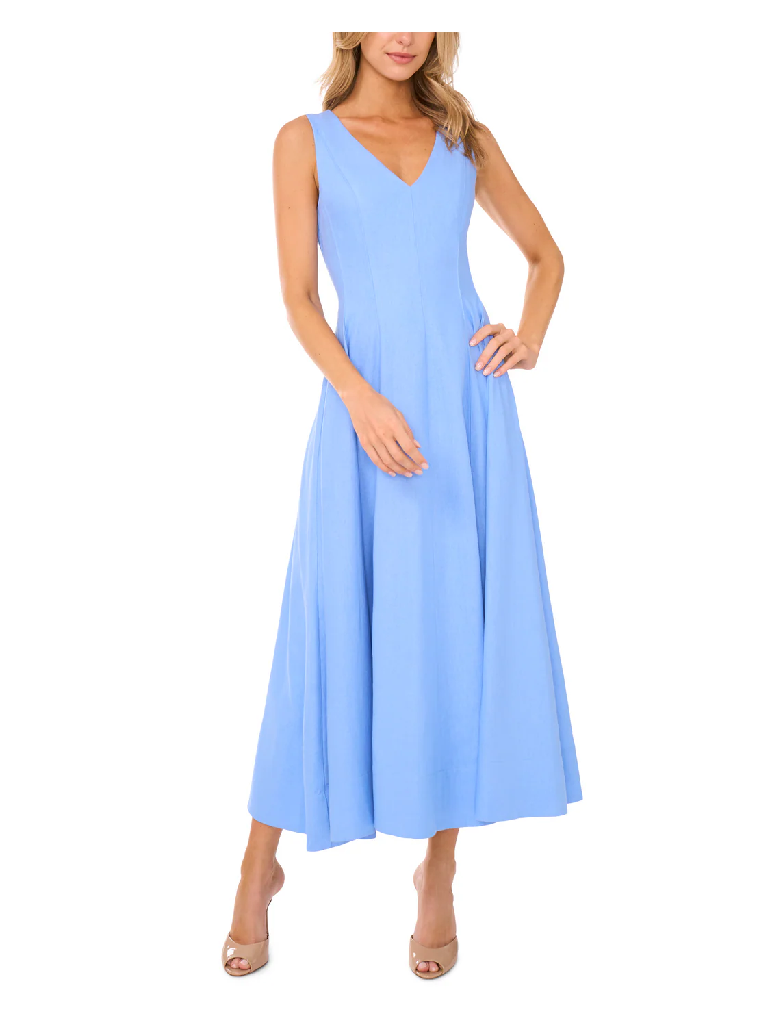 SLEEVELESS V NECK PLEATED MAXI DRESS | MID BLUE