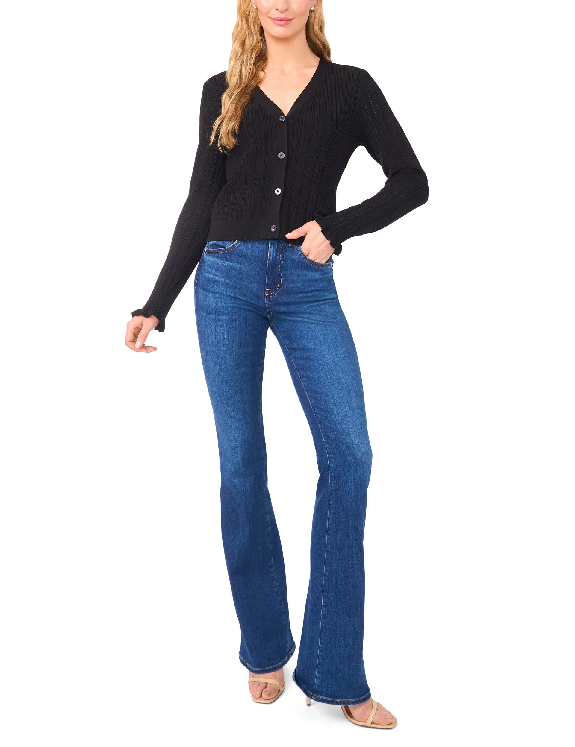 V-NECK CROP CARDIGAN WITH RIB | BLACK - Image 2
